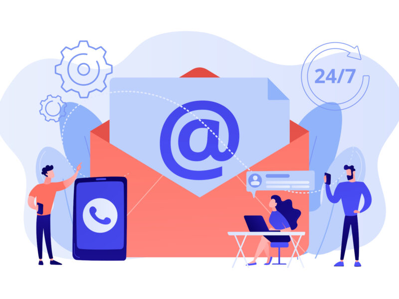 Get in touch concept vector illustration. Email marketing, Internet chatting, 24 hours support. Get in touch, initiate contact, contact us, feedback online form, talk to customers concept. Pink coral blue vector isolated illustration